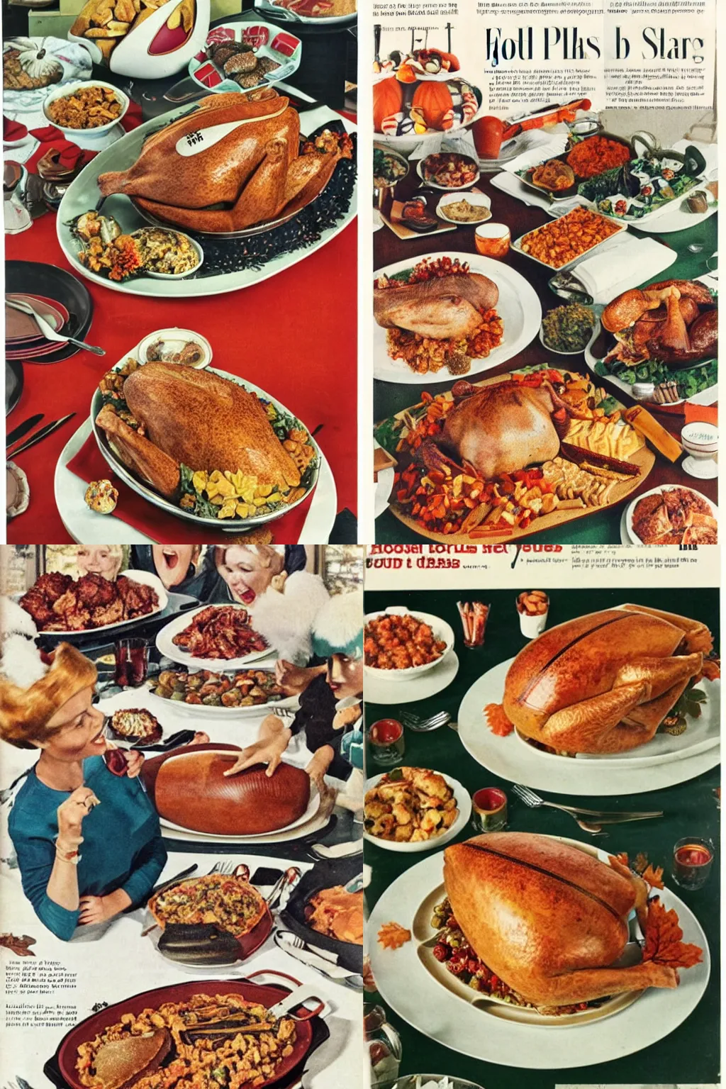 Prompt: a ((football)) ((football)) plated with Thanksgiving dinner spread, (🏈🏈 🏈 ) on a plate, Good Housekeeping, 1960