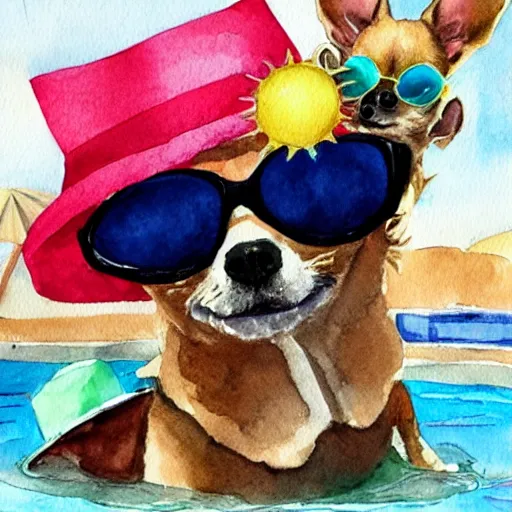 Prompt: chihuahua with sun glasses, funny hat and a cocktail in a pool party, water color