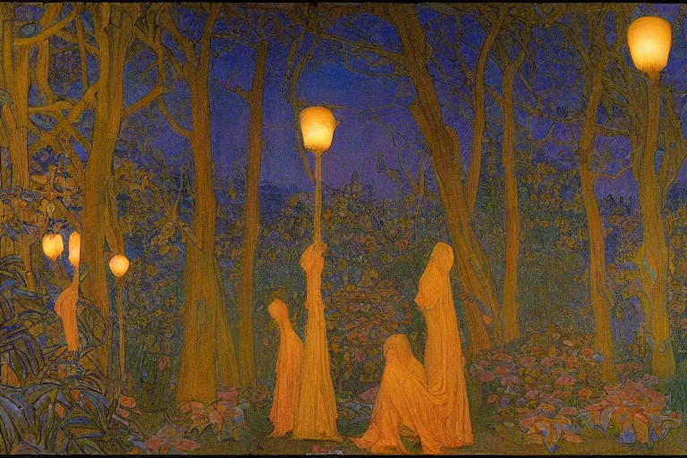 Image similar to beautiful garden at twilight by Annie Swynnerton and Nicholas Roerich and jean delville, glowing paper lanterns, strong dramatic cinematic lighting , ornate tiled architecture, lost civilizations, smooth, sharp focus, extremely detailed