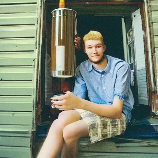 Image similar to “A 20 year old, ginger, tall, polish college student, with a scruffy beard, sitting in his back drinking beer, 8 mm lens photography,”