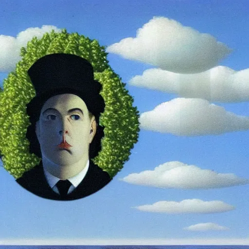 Image similar to The Son of Man by Rene Magritte. Vaporwave