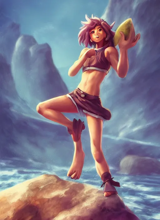 Image similar to youthful taliyah, from league of legends, au naturel, surfing a rock, with abs, hyper detailed, digital art, trending in artstation, cinematic lighting, studio quality, smooth render, unreal engine 5 rendered, octane rendered, art style by klimt and nixeu and ian sprigger and wlop and krenz cushart