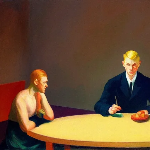 Image similar to a detailed painting, blonde man at a dinner table, dramatic lighting, edward hopper,