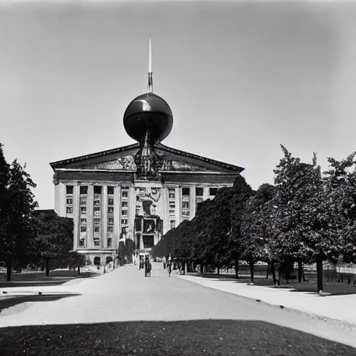 Prompt: photograph 1940’s Berlin chancellery with space ship flying overhead