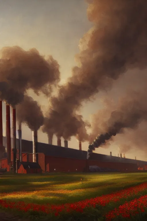 Image similar to a beautiful painting of a factory with smoking chimneys, red rose fields, dark style, little roses, very detailed, soft light effect, stable pipeline, super wide, big scene, by albert bierstadt, 4 k hd, trending on artstation ， ultrawide viewn and highly detailed, ultrawide lens, very high detailed