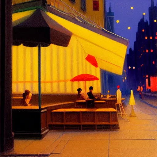 Prompt: lonely night at a cafe in manhattan, fantasy, intricate, elegant, digital painting, trending on artstation, concept art, soft focus, illustration by greg rutkowski, edward hopper, 4 k.