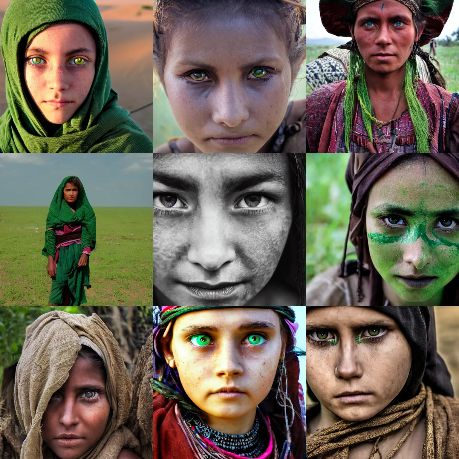 Prompt: photo of nomad girl with green eyes looking into camera