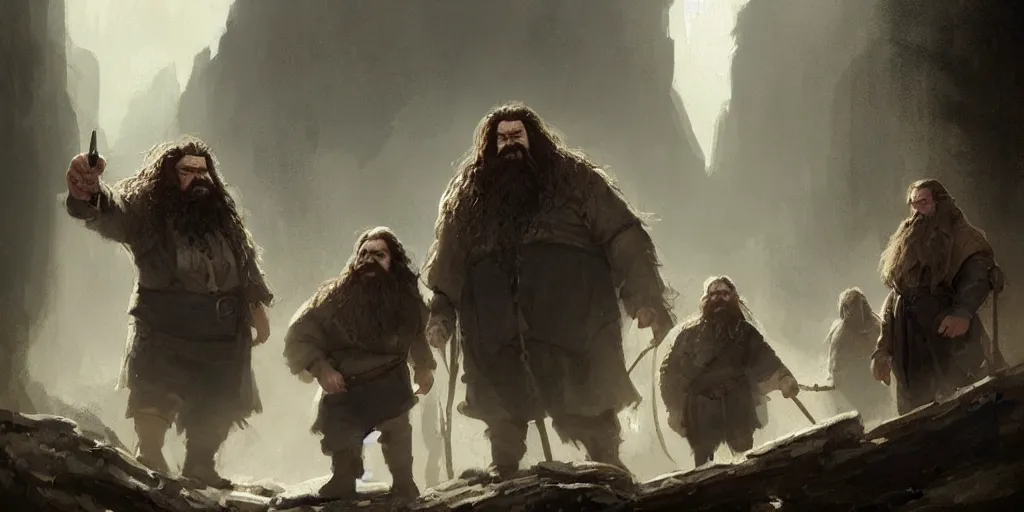 Image similar to gimli, hagrid, two people, dwarf, giant, character design, greg rutkowski