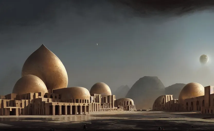 Image similar to exterior shot of utopian ancient persian architecture with cinematic lighting by zaha hadid peter zumthor and renzo piano and frank gehry, darek zabrocki and greg ruthkowski, simon stalenhag, cinematic, holy place, paradise, scifi, futurism, atmospheric, concept art, artstation, trending on artstation