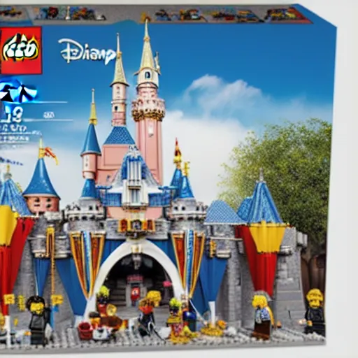 Image similar to Box art for a LEGO set of the entire Disneyland park