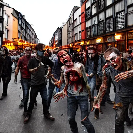 Image similar to zombies crowding the streets, drinking beer, in kreuzberg, at night