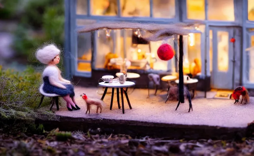 Prompt: mini cafe diorama macro photography, needle felted animals, ambient, atmospheric photograph, string lights, romantic