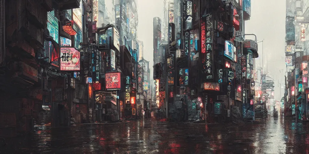 Prompt: Cyberpunk back alley on a rainy day in Japan, low angle view, detailed matte painting, cinematic, Moebius, Artstation