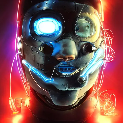 Image similar to Male cyborg, battle-damaged, wearing facemask, youthful face, blue eyes, backlit by neon, headshot, sci-fi, wires, cables, lenses, gadgets, Digital art, detailed, anime, artist Katsuhiro Otomo