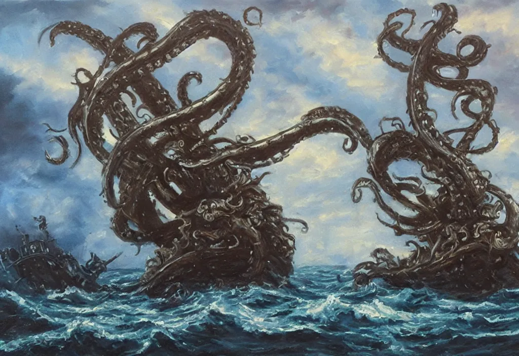 Image similar to oil painting of a kraken attacking a pirate ship