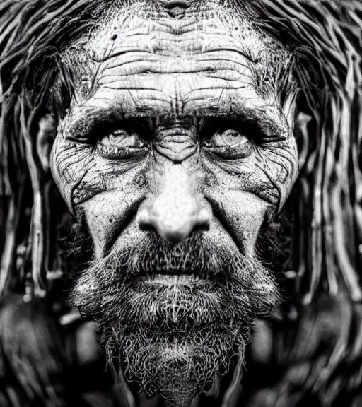 Image similar to Award winning reportage photo of prehistoric Cavepersons with incredible insane hair and beautiful hyper-detailed eyes wearing traditional garb by Lee Jeffries, 85mm ND 5, perfect lighting, gelatin silver process