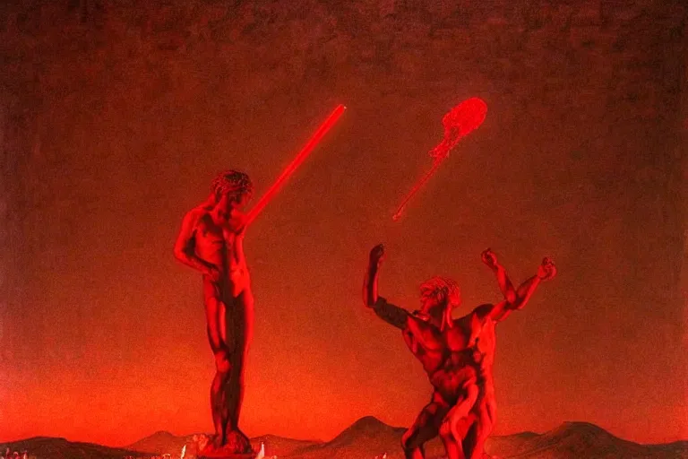 Image similar to only with red, a red melted apollo with a laurel wreath and a flaming sword announce win, athens in background, in the style of beksinski, parts by edward hopper, parts by rodcenko, parts by yue minjun, intricate and epic composition, red by caravaggio, insanely quality, highly detailed, masterpiece, red light, artstation, 4 k