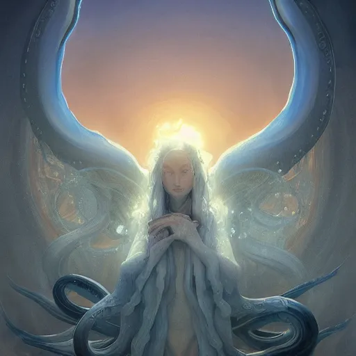 Image similar to angel squid monster with eyes on his tentacles looking at you sunset clouds digital painting, artstation, concept art, soft light, hdri, smooth, sharp focus, illustration, fantasy, intricate, elegant, highly detailed, D&D, matte painting, in the style of Greg Rutkowski and Alphonse Mucha and artemisia, 8k, highly detailed, jurgens, rutkowski, bouguereau, pastoral, rustic, georgic