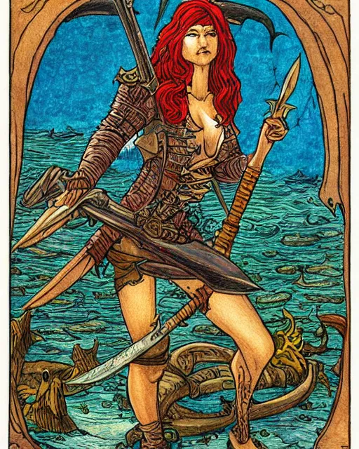 Image similar to a shark skin pirate queen with melee weapons by ivan bilibin