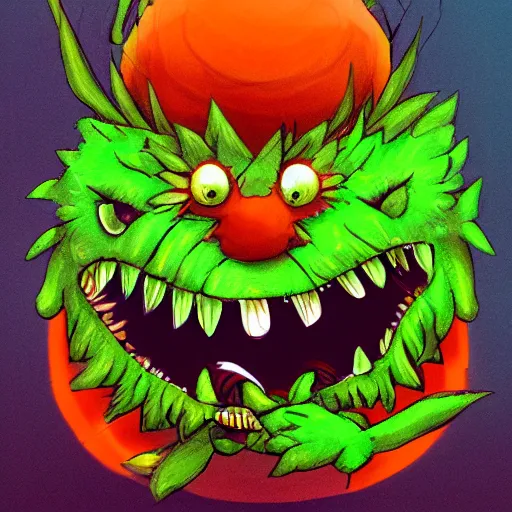 Prompt: A fierce plant monster with orange eyes and a vicious smile, trending on art station