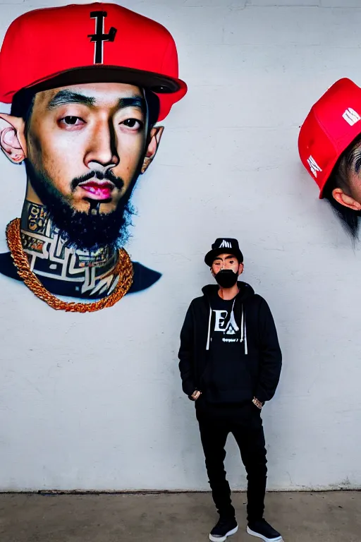 Prompt: asian guy with mask and la hats stand in front of wall with nipsey hussle mural, photorealistic, smooth, 4 k, aesthetic lighting, baroque object, sharp focus, hyperdetailed, professional photography, pullitzer winning, photo by : canon eos 5 d mark iv, by karah mew and adnan abidi and jodie bateman