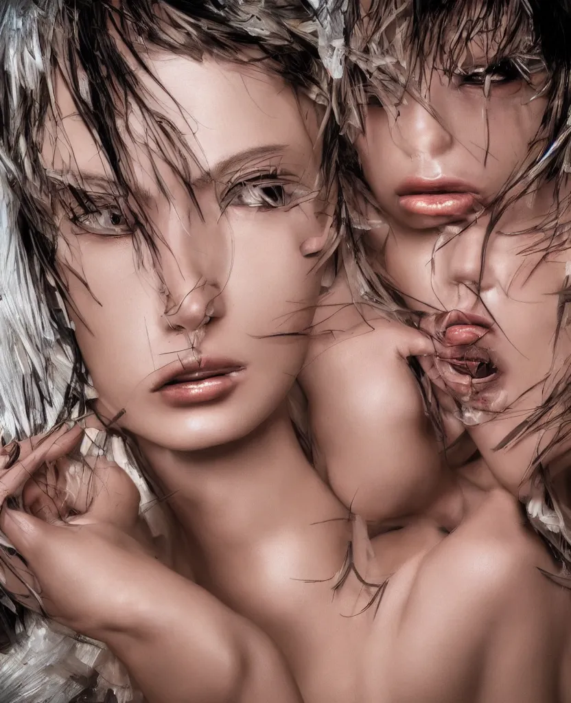 Image similar to portrait fashion editorial by Hajime Sorayama. highly detailed. 8k. depth of field. photography