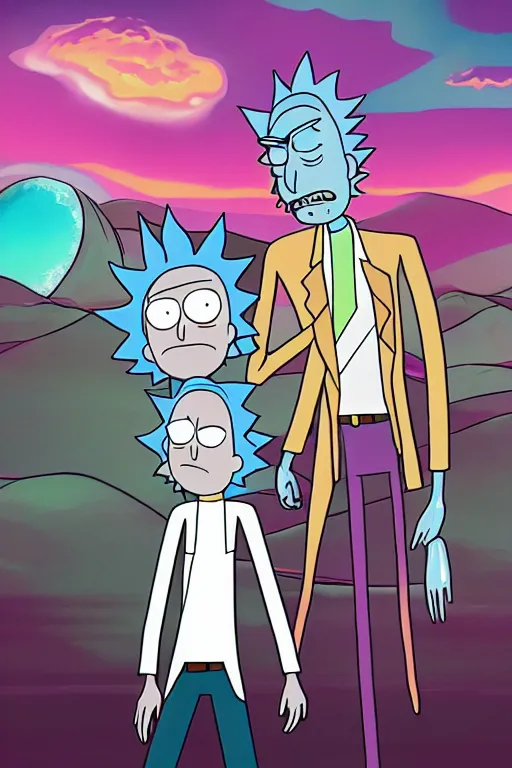 Image similar to portrait concept art painting of alternate reality rick and morty, toon shading, cel shading, smooth, calm, tranquil, vaporwave colors,