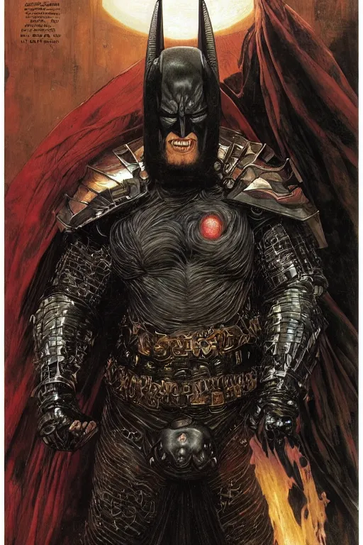 Prompt: full length portrait of massive hulking nathan jones as gargantuan dark evil mutant batman wearing cape and armour with glowing red eyes by lawrence alma tadema awrence alma tadema, rick berry, norman rockwell, jason fabok. greg staples, nc wyeth