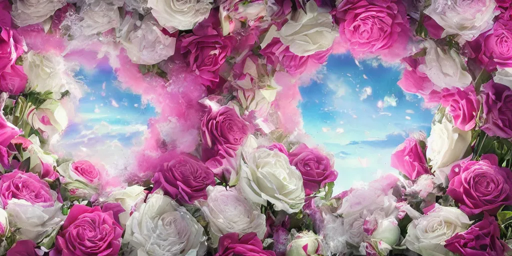 Prompt: background timelapse of magic invisible force blade slicing through a bouquet of white and pink roses, flowers exploding and splattering, big puffy clouds, exploding roses, large rose petals, lotus petals, large polygonal background elements, large polygons, studio ghibli anime, radiant lighting, artgerm, manga, trending on artstation, art nouveau, mature colors