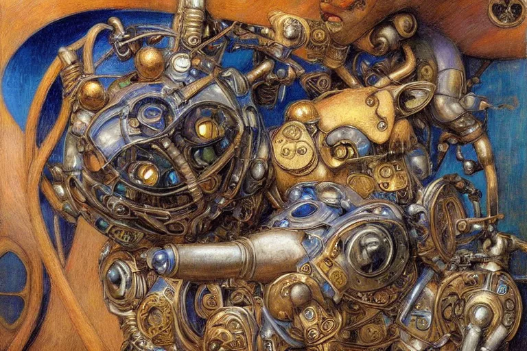 Prompt: ornate mechanical robot cat, by annie swynnerton and diego rivera and elihu vedder, symbolist, dramatic lighting, elaborate geometric ornament, art brut, soft cool colors, smooth, sharp focus, extremely detailed, adolf wolfli and ( donato giancola )