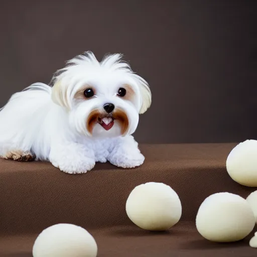 Image similar to white yorkiepoo sitting in a pile of mochi, realistic, hd