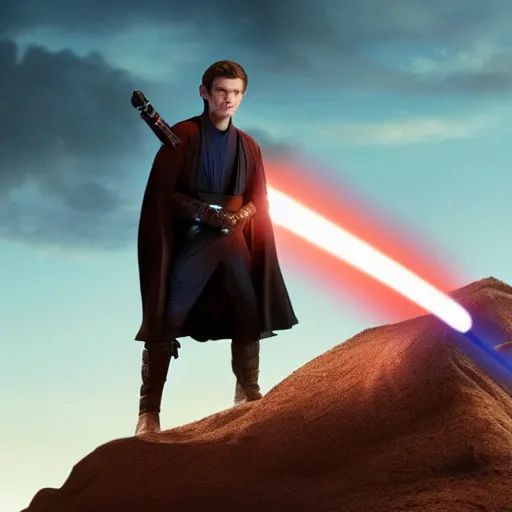 Image similar to tom holland plays anakin skywalker in the live action remake of star wars revenge of the sith, 3 5 mm photography, highly detailed, cinematic lighting, standing pose, holding a lightsaber, tatooine in the background, 4 k