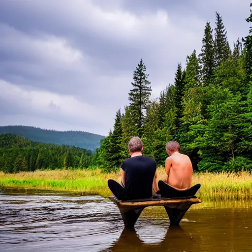 Image similar to two men sitting on a small damn on a river with a tree in the middle with a forest in the background