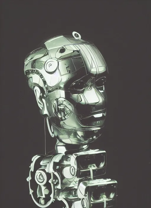 Image similar to a portrait photograph of a robot head designed by Kehinde Wiley, 35mm, pentax, studio