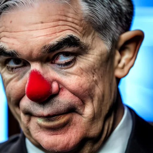 Image similar to Jerome Powell with colorful clown makeup all over his face whiteface, derp eyes