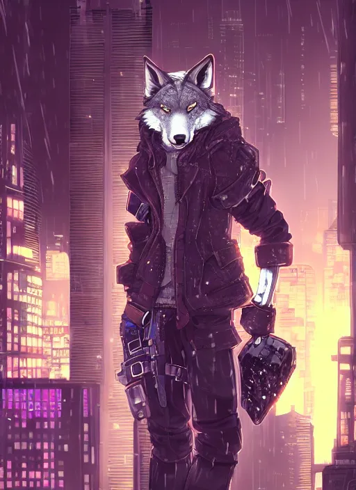 Image similar to character portrait of a male anthro wolf fursona with a tail and a cute beautiful attractive detailed furry face wearing stylish cyberpunk clothes in a cyberpunk city at night while it rains. hidari, color page, tankoban, 4K, tone mapping, Akihiko Yoshida. Nomax, Kenket, Rukis.