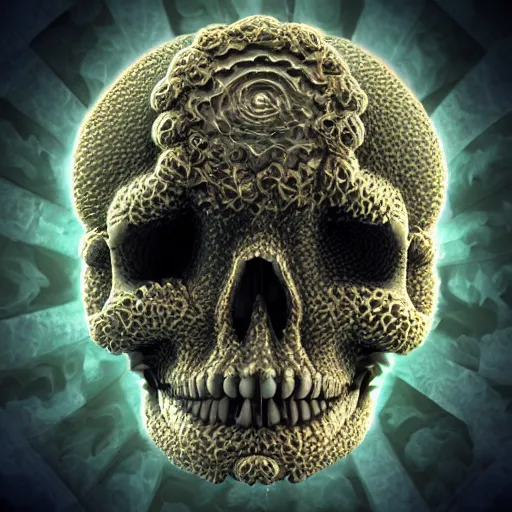 Prompt: fractal skull afro third eye art art by machina infinitum, infinite intricacy, rendered in octane, mandelbulb 3 d, ambient occlusion, macro photography
