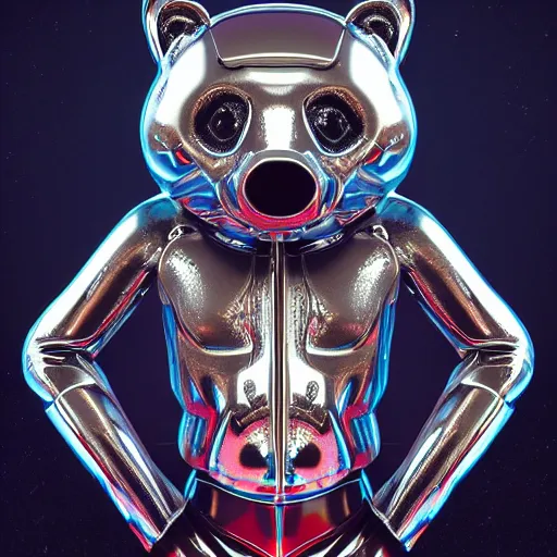 Image similar to chrome bear, glossy, metallic, neon, symmetrical, tribal patterns, realistic, unreal engine, octane, redshift, artstation, behance