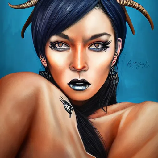 Image similar to illustrated realistic portrait of ram-horned devil woman with blue bob hairstyle and her tan colored skin and with solid black eyes wearing leather by rossdraws