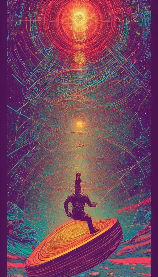 Prompt: the psychedelic adventures of the cosmic time traveller journeying through the ancient oracle of the cosmos, futurism, dan mumford, victo ngai, kilian eng, da vinci, josan gonzalez