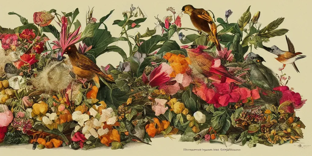 Prompt: vintage illustration, bizarre compositions, blend of flowers, fruits, birds by beto val, john james audubon, exquisite detail