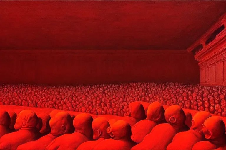 Image similar to only with red, crowd screaming, an exposed painting in a roman theater, in the style of beksinski, parts by edward hopper, parts by rodcenko, parts by yue minjun, intricate and epic composition, red by caravaggio, insanely quality, highly detailed, masterpiece, red light, artstation, 4 k