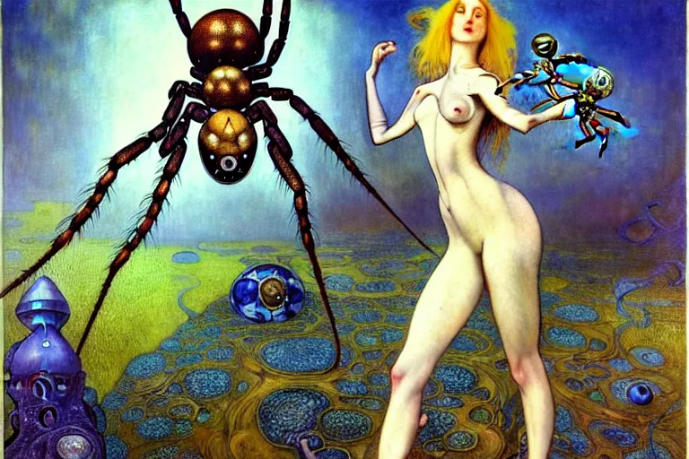 Prompt: realistic extremely detailed portrait painting of a fully dressed woman with a giant spider, futuristic sci-fi landscape on background by John Bauer, Amano, Yves Tanguy, Alphonse Mucha, Ernst Haeckel, Edward Robert Hughes, Roger Dean, rich moody colours, blue eyes