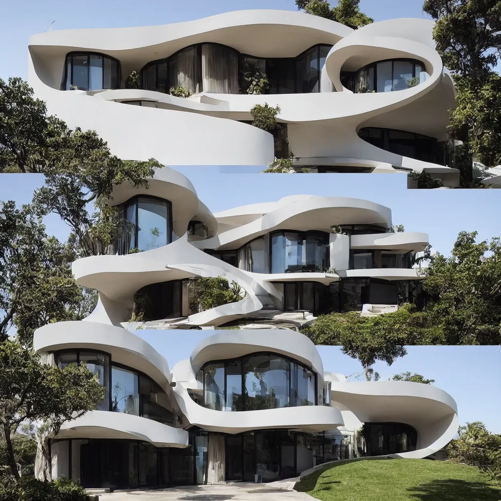 Image similar to “ a two story modern house with curve sculptural balconies, designed by famous architects online lab of architecture, house sold for 4 million dollars, featured on architecture magazines ”