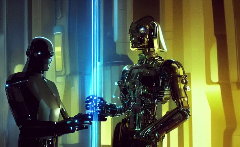 Prompt: cinematic still image screenshot portrait of cybernetic half android half man luke skywalker battle wounds wearing a yellow cape holding up his cybernetic hand, from the tv show on disney + anamorphic lens, ending from empire strikes back crisp 4 k imax, lit from below, plant forest in glass tubes, underlit, moody iconic scene, a window frame into space behind them