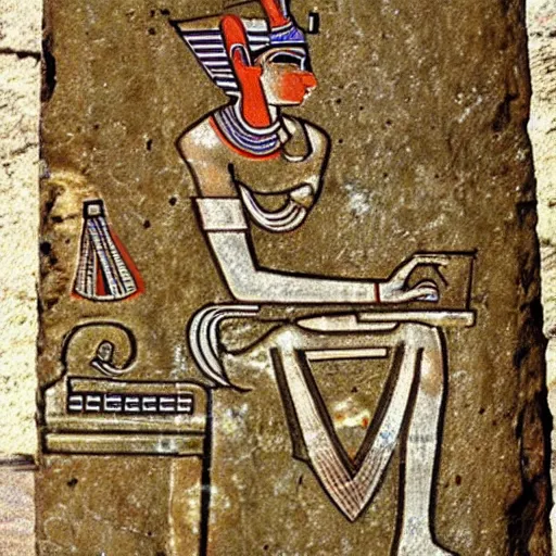 Prompt: a fragment of ancient egyptian hierographic panel Art, art of A person using a computer in art style of ancient art, fragmented, a person using a computer!!!!! Ancient Egypt art