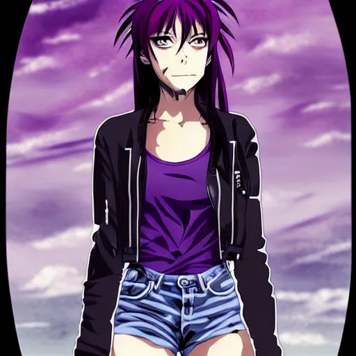 Image similar to style of madhouse studio anime, black lagoon manga, loish, artgerm, comic art, portrait of revy from black lagoon, symmetrical eyes and symmetrical face, jean shorts, white tank top, purple hair, sarcastic evil smirk on face, sky and ocean background