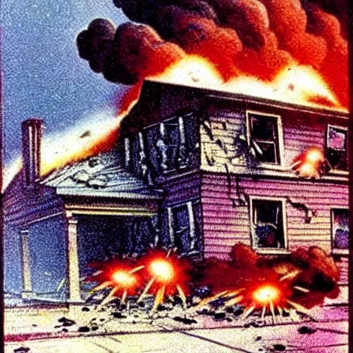 Image similar to color photo from the 80s, the shelling of a house in New York by Soviet soldiers, epic style, a bunch of explosions, realistic style