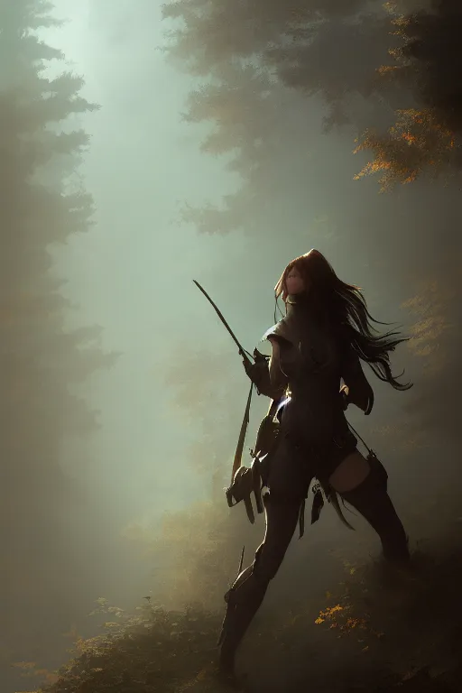 Prompt: Establishing shot, dramatic volumetric sunlight foggy atmospheric forest canopy scenery, girl clad in modest hide leather armor, hyperdetailed, artstation, cgsociety, 8k