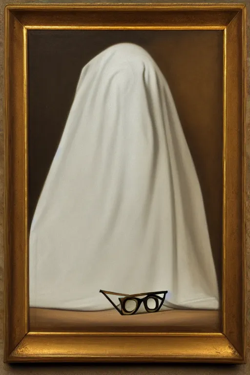 Prompt: portrait of a cloth ghost with sunglass, painting by by ralph grady james, jean christian biville